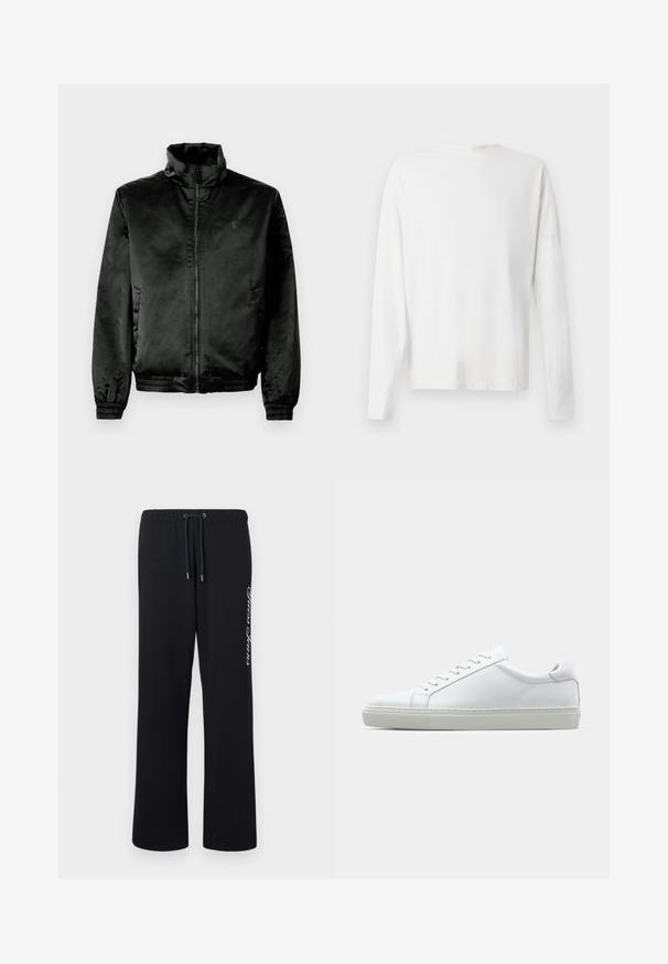 Svart bomberjakke laget av glatt, blankt stoff med høy krage, glidelåslukking foran og elastiske mansjetter og hem. Minimal merkevare på brystet.; Langermet hvit bomullsskjorte med rund hals, sidespalter nederst og en jevn tekstur, vist fra baksiden.; Sorte sportsbukser laget av myk materiale med elastisk midje og snor. Har tekst trykt i hvitt på den ene siden.; Hvit sneakers med en glatt skinnoverdel og lav profil. Har en rund tå, seks snøring hull, og en teksturert gummisåle.
