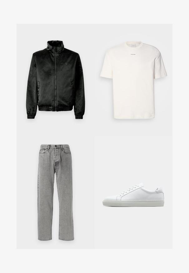Svart bomberjakke laget av glatt, blankt stoff med høy krage, glidelåslukking foran og elastiske mansjetter og hem. Minimal merkevare på brystet.; Hvit bomulls T-skjorte med rund hals, korte ermer og brodert "Calvin Klein" logo i midten av brystet. Enkel design.; Grå denimjeans med rett ben, som har en klassisk fem-lomme stil, synlig søm og glidelås med knappefeste.; Hvit sneakers med en glatt skinnoverdel og lav profil. Har en rund tå, seks snøring hull, og en teksturert gummisåle.