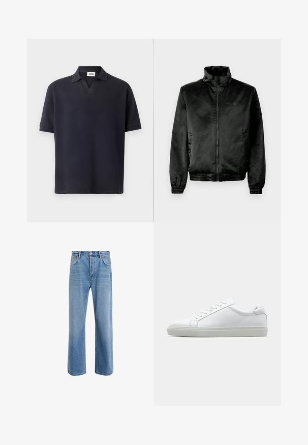 Svart bomberjakke laget av glatt, blankt stoff med høy krage, glidelåslukking foran og elastiske mansjetter og hem. Minimal merkevare på brystet.; Marineblå kortermet polo skjorte med teksturert mønster, med v-hals og brettede ermer, laget av pustende stoff.; Lys blå denimjeans med rett ben-design, fem lommer, knappeåpning, minimal falming og kontrasterende sømdetaljer.; Hvit sneakers med en glatt skinnoverdel og lav profil. Har en rund tå, seks snøring hull, og en teksturert gummisåle.