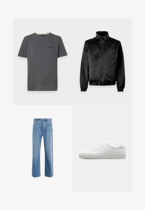 Juodas bomberio tipo švarkas, pagamintas iš lygaus, blizgaus audinio, su aukštu apykakle, užtrauktuku priekyje ir elastiniais rankogaliais bei apačia. Minimalus logotipas krūtinėje.; Pilkas trumpas rankovė t-shirt, pagamintas iš medvilnės, su apvalia kaklo iškirpte, kairiajame krūtinės šone yra logotipo akcentas, o vidinis kaklo etiketė yra kontrastingos spalvos.; Šviesiai mėlyni džinsai su tiesiu kirpimu, penkios kišenės, mygtuko užsegimas, minimalus blukimas ir kontrastingi siuvimo detalės.; Baltas sportinis batelis su lygiu odiniu paviršiumi ir žemu profiliu. Turi suapvalintą pirštą, šešis akių skyrius ir tekstūruotą gumos padą.