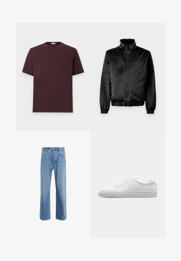Schwarze Bomberjacke aus glattem, glänzendem Stoff mit hohem Kragen, Reißverschluss vorne und elastischen Bündchen und Saum. Minimale Markenkennzeichnung auf der Brust.; Burgunderfarbener Baumwoll-T-Shirt mit Rundhals, kurzen Ärmeln und lockerer Passform. Keine sichtbaren Logos oder Muster. Weiche Textur.; Helle blaue Jeans im Geradeschnitt-Design, mit fünf Taschen, Knopfverschluss, minimaler Ausbleichung und kontrastierenden Nähdetails.; Weißer Sneaker mit glattem Lederobermaterial und niedrigem Profil. Verfügt über eine runde Zehenpartie, sechs Ösen und eine strukturierte Gummisohle.