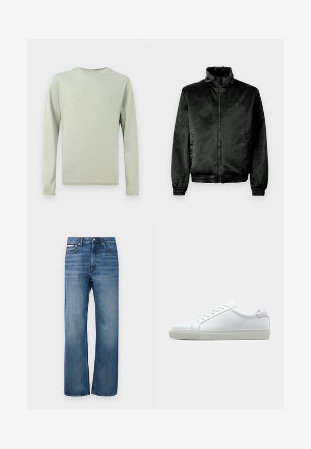 Črna bombaška jakna iz gladkega, sijočega materiala z visokim ovratnikom, zadrgo spredaj ter elastičnimi manšetami in robom. Minimalno blagovno znamčenje na prsih.; Majica s dolgimi rokavi v svetlo zeleni tkanini. Okrogla vrat, preprost dizajn brez vzorcev. Majhna logotip na prsih. Mehka, gladka tekstura.; Modri trdi jeans s ravnimi nogavicami, z rahlim bledenjem, sprednjim gumbom in malo oznako na desnem sprednjem žepu.; Bela športna obutev z gladkim usnjenim zgornjim delom in nizkim profilom. Ima zaokrožen nos, šest lukenj za vezalke in teksturiran gumijast podplat.