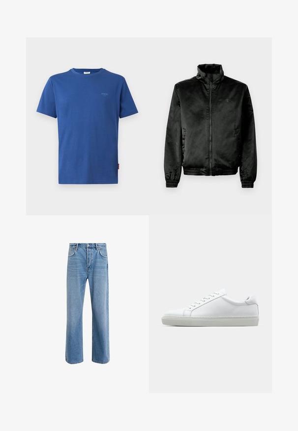 Fekete bomber dzseki sima, fényes anyagból, magas gallérral, cipzáras elülső résszel, valamint elasztikus mandzsettákkal és szegéllyel. Minimális márkázás a mellkason.; Kék, rövid ujjú pamut póló, kerek nyakú. Az elülső részen egy kis, világoskék logó található, valamint egy címke az oldalon.; Világoskék farmernadrág, egyenes szárú fazonnal, öt zsebbel, gombos záródással, minimális kopással és kontrasztos varrással.; Fehér sportcipő sima bőr felső résszel és alacsony profilsal. Kerek orr, hat fűzőlyuk és barázdált gumitalp jellemzi.