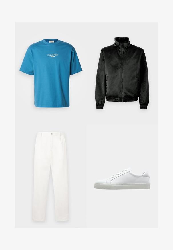 Juodas bomberio tipo švarkas, pagamintas iš lygaus, blizgaus audinio, su aukštu apykakle, užtrauktuku priekyje ir elastiniais rankogaliais bei apačia. Minimalus logotipas krūtinėje.; Mėlynas medvilninis marškinėliai su apvalia iškirpte ir trumpomis rankovėmis, su "Calvin Klein JEANS" logotipu geltona siuvinėta ant krūtinės.; Balti kelni, pagaminti iš lygaus audinio, turi tiesią kojos konstrukciją, priekinę klostę ir vieną mygtuką juosmens srityje.; Baltas sportinis batelis su lygiu odiniu paviršiumi ir žemu profiliu. Turi suapvalintą pirštą, šešis akių skyrius ir tekstūruotą gumos padą.