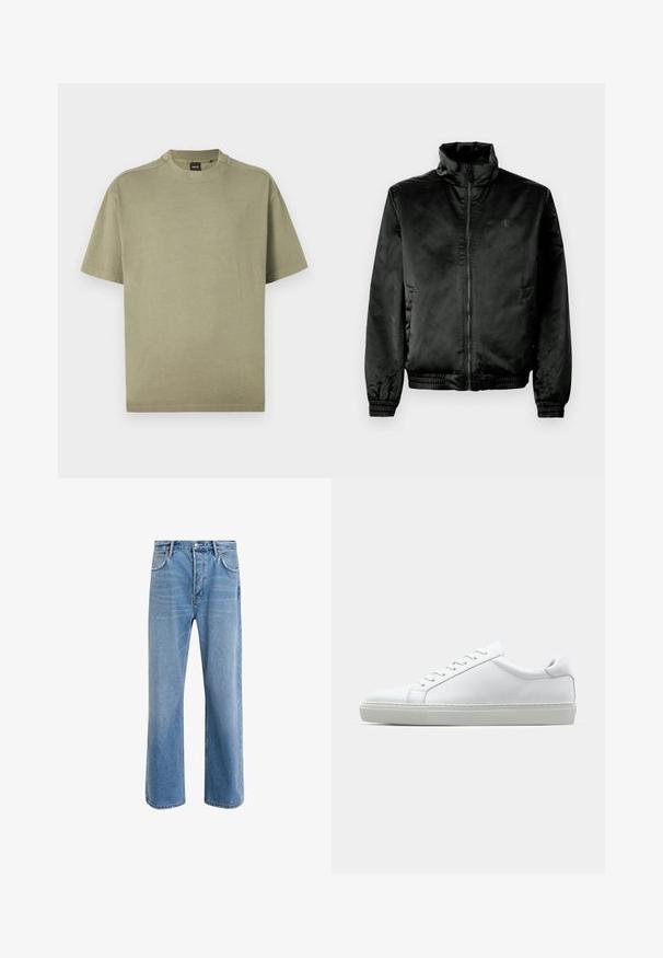 Svart bomberjakke laget av glatt, blankt stoff med høy krage, glidelåslukking foran og elastiske mansjetter og hem. Minimal merkevare på brystet.; Olivengrønn T-skjorte med korte ermer laget av myk bomull, med rund hals og enkelt design, som har en subtil logo på halslinjen.; Lys blå denimjeans med rett ben-design, fem lommer, knappeåpning, minimal falming og kontrasterende sømdetaljer.; Hvit sneakers med en glatt skinnoverdel og lav profil. Har en rund tå, seks snøring hull, og en teksturert gummisåle.