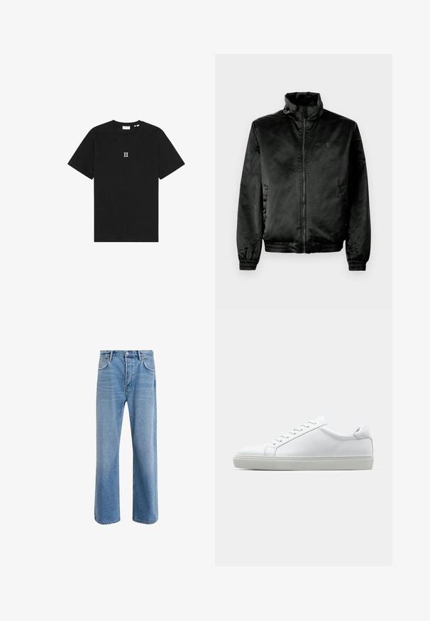 Čierna bomber bunda vyrobená z hladkej, lesklej látky s vysokým golierom, zipsom vpredu a elastickými manžetami a spodným lemom. Minimálne logo na hrudi.; Čierne bavlnené tričko s krátkymi rukávmi a okrúhlym výstrihom. Na hrudi je umiestnený biely potlačený text "II."; Svetlo modré denimové džínsy so strihom rovného nohu, päť vreciek, zapínanie na gombík, minimálne vyblednutie a kontrastné švy.; Biele tenisky s hladkým koženým zvrškom a nízkym profilom. Majú zaoblenú špičku, šesť očiek a štruktúrovanú gumovú podrážku.