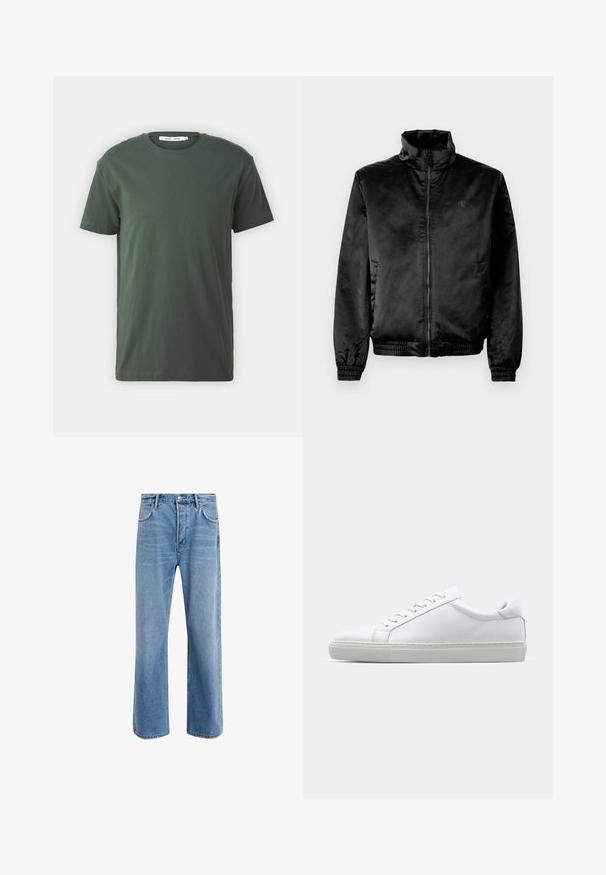 Musta pommikurkku, joka on valmistettu sileästä, kiiltävästä kankaasta. Siinä on korkea kaulus, vetoketju edessä sekä joustavat hihansuut ja helma. Minimaalinen brändäys rinnassa.; Tummanvihreä puuvillainen t-paita, lyhyet hihat, pyöreä pääntie, rento istuvuus, yksinkertainen muotoilu ja sileä pinta ilman näkyviä kuvioita tai yksityiskohtia.; Vaaleansiniset farkut suoranlahkeisella muotoilulla, viisi taskua, nappisuljenta, vähäinen kuluminen ja kontrastiväriset ompeluyksityiskohdat.; Valkoinen tennari, jossa on sileä nahkapäällinen ja matala profiili. Ominaisuuksiin kuuluu pyöreä kärki, kuusi rei'itystä ja teksturoitu kumipohja.