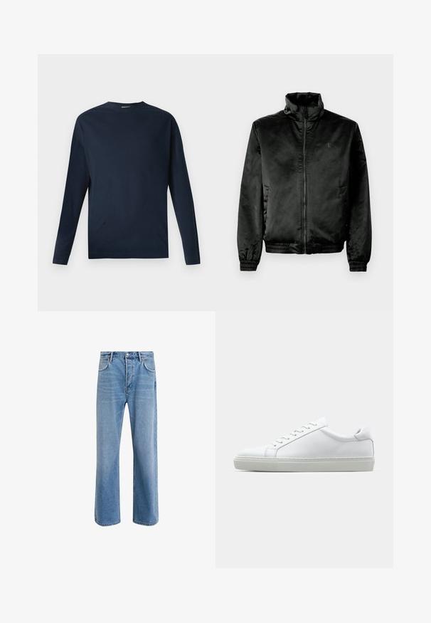 Svart bomberjakke laget av glatt, blankt stoff med høy krage, glidelåslukking foran og elastiske mansjetter og hem. Minimal merkevare på brystet.; Marineblå langermet t-skjorte laget av bomull, med rund hals og rett kutt i kanten. Glatt tekstur uten synlige mønstre eller hardware.; Lys blå denimjeans med rett ben-design, fem lommer, knappeåpning, minimal falming og kontrasterende sømdetaljer.; Hvit sneakers med en glatt skinnoverdel og lav profil. Har en rund tå, seks snøring hull, og en teksturert gummisåle.