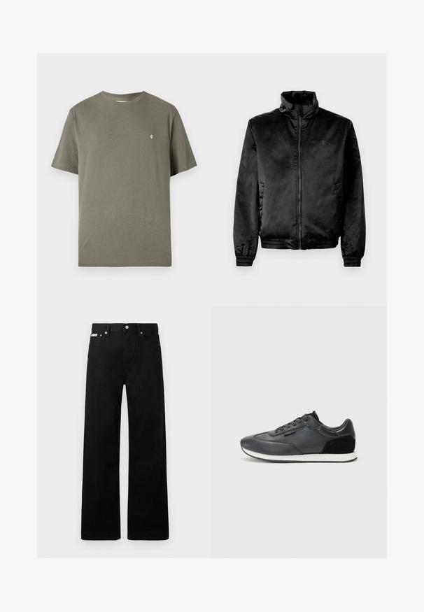 Casaco bomber preto feito de um tecido liso e brilhante, com colarinho alto, fecho éclair na frente e punhos e barra elásticos. Branding mínimo no peito.; T-shirt de algodão verde-oliva com decote redondo, mangas curtas e um pequeno logótipo branco no peito. Design simples e sem adornos.; Calças de ganga pretas com um design de pernas largas, apresentando cinco bolsos e fechos metálicos. Textura suave, sem padrões visíveis.; Sapatilhas atléticas negras com parte superior em couro com detalhes perfurados, acabamentos em camurça e sola de borracha branca. Design clássico com atacadores.