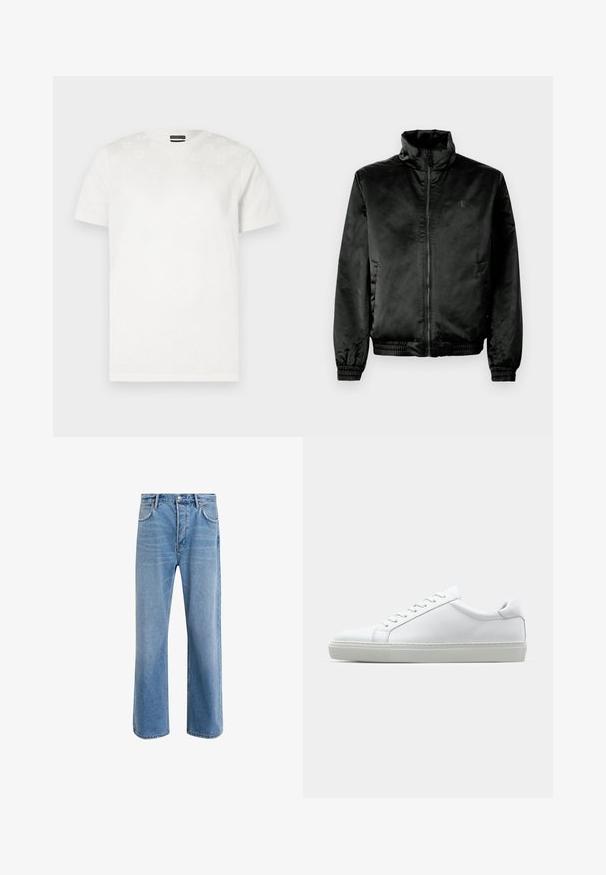 Svart bomberjacka i slätt, glänsande tyg med hög krage, dragkedja fram och elastiska mudd och nederkant. Minimal logotyp på bröstet.; Vit bomulls t-shirt med korta ärmar som har ett subtilt texturerat mönster på övre framsidan. Rund halsringning, standard passform.; Ljust blå denimjeans med rak passform, fem fickor, knappstängning, minimal blekning och kontrasterande sömdetaljer.; Vit sneaker med en slät läderövre och låg profil. Har en rundad tå, sex snörhål och en strukturerad gummisula.