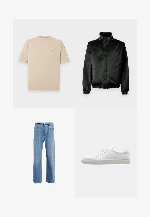 Musta pommikurkku, joka on valmistettu sileästä, kiiltävästä kankaasta. Siinä on korkea kaulus, vetoketju edessä sekä joustavat hihansuut ja helma. Minimaalinen brändäys rinnassa.; Beige puuvillapaita, jossa on pyöreä kaula-aukko ja lyhyet hihat. Oikealla ylhäällä pieni tekstilogotuloste. Yksinkertainen, koristamaton muotoilu.; Vaaleansiniset farkut suoranlahkeisella muotoilulla, viisi taskua, nappisuljenta, vähäinen kuluminen ja kontrastiväriset ompeluyksityiskohdat.; Valkoinen tennari, jossa on sileä nahkapäällinen ja matala profiili. Ominaisuuksiin kuuluu pyöreä kärki, kuusi rei'itystä ja teksturoitu kumipohja.