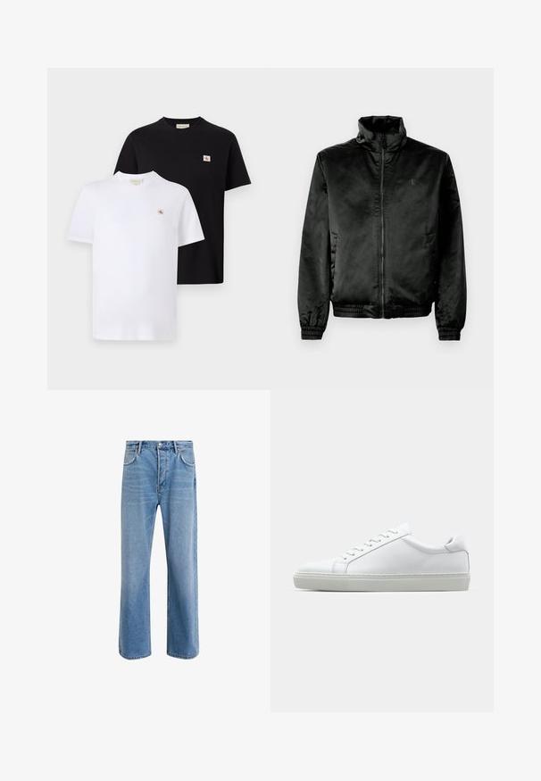Giacca bomber nera realizzata in tessuto liscio e lucido, con colletto alto, chiusura frontale con zip e polsini ed orlo elasticizzati. Branding minimale sul petto.; Due magliette a maniche corte in cotone nero e bianco, con un piccolo logo sul petto e un design classico a girocollo.; Jeans in denim blu chiaro con design a gamba dritta, cinque tasche, chiusura con bottone, leggero sbiadimento e dettagli di cucitura a contrasto.; Sneaker bianco con tomaia in pelle liscia e profilo basso. Presenta una punta arrotondata, sei occhielli e una suola in gomma testurizzata.