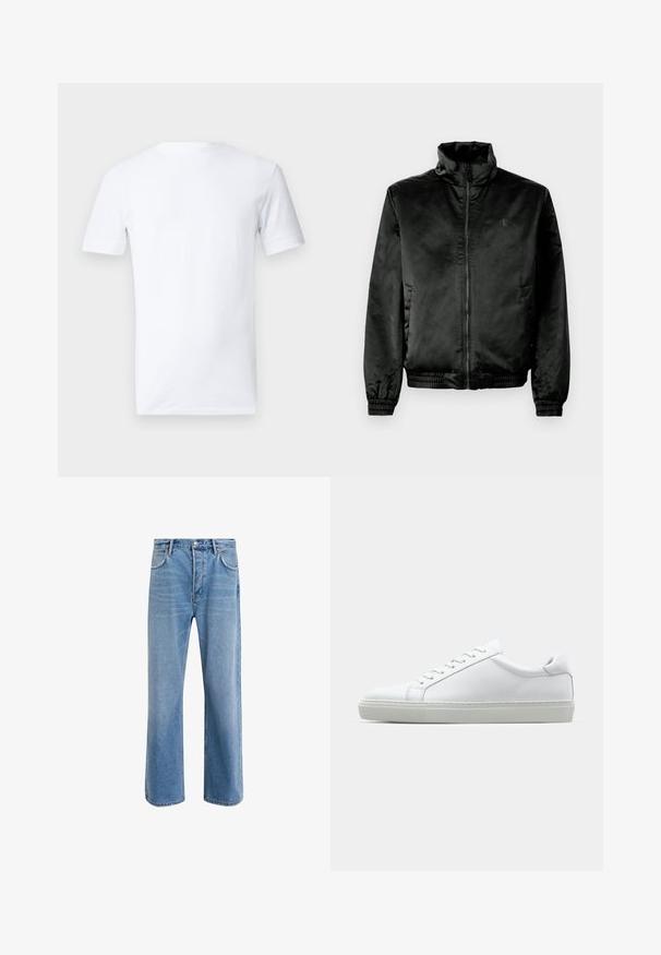 Sort bomberjakke lavet af glat, shiny stof med høj krave, lynlås foran og elastiske manchetter og kant. Minimal branding på brystet.; Kortærmet hvid t-shirt lavet af bomuld, med rund hals og et enkelt, sømløst rygdesign uden mønstre eller grafik.; Lyseblå denim jeans med lige ben-design, fem lommer, knaplukning, minimal falming og kontraststingdetaljer.; Hvide sneakers med en glat læderoverdel og lav profil. Har en rund tå, seks snørehuller og en tekstureret gummisål.