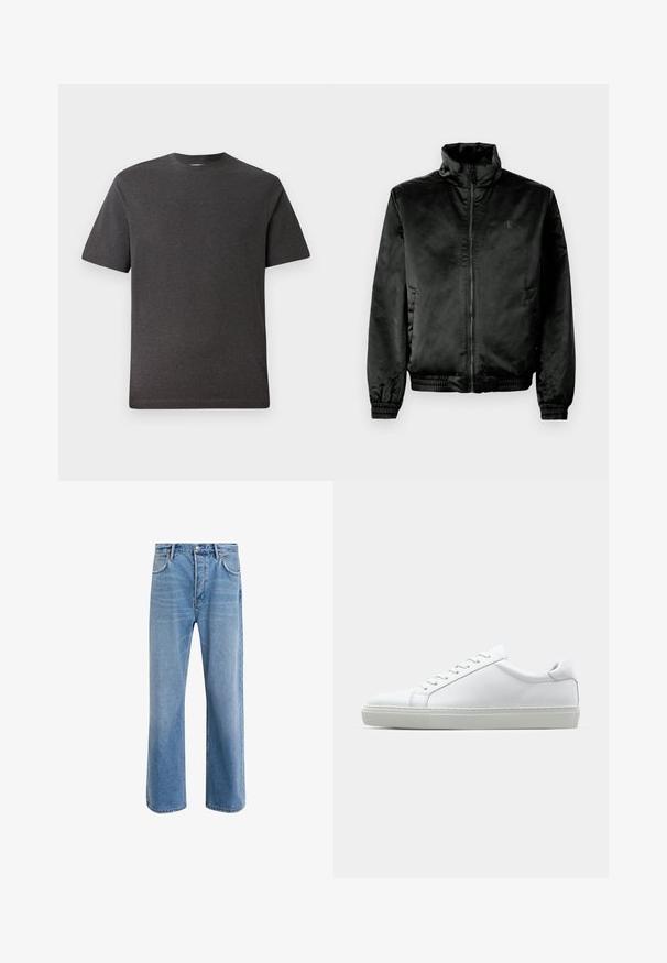 Musta pommikurkku, joka on valmistettu sileästä, kiiltävästä kankaasta. Siinä on korkea kaulus, vetoketju edessä sekä joustavat hihansuut ja helma. Minimaalinen brändäys rinnassa.; Harmaa lyhythihainen t-paita, joka on valmistettu pehmeästä, kevyestä kankaasta. Paita on pyöreäkauluksinen ja siinä on vähän saumoja. Sopii arkiseen käyttöön.; Vaaleansiniset farkut suoranlahkeisella muotoilulla, viisi taskua, nappisuljenta, vähäinen kuluminen ja kontrastiväriset ompeluyksityiskohdat.; Valkoinen tennari, jossa on sileä nahkapäällinen ja matala profiili. Ominaisuuksiin kuuluu pyöreä kärki, kuusi rei'itystä ja teksturoitu kumipohja.