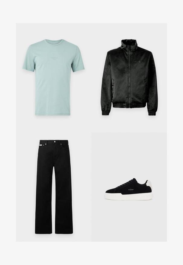 Czarna kurtka bombowca wykonana z gładkiego, błyszczącego materiału, z wysokim kołnierzem, zamkiem z przodu oraz elastycznymi mankietami i dolnym wykończeniem. Minimalne logo na piersi.; Jasnoniebieski bawełniany T-shirt z krótkimi rękawami, okrągłym dekoltem i wypukłym logo z przodu. Gładka tekstura, casualowy krój.; Czarne dżinsowe spodnie o szerokim kroju, z pięcioma kieszeniami i metalowymi guzikami. Gładka tekstura, bez widocznych wzorów.; Czarne niskie sneakersy z białą podeszwą i uchwytem na pięcie, sznurowane z przodu, z logo Calvin Klein po boku.