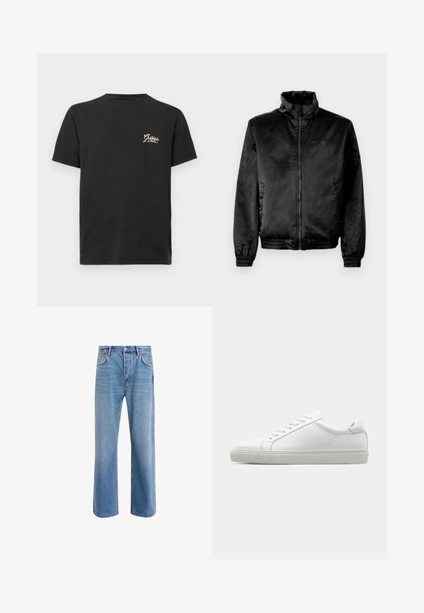 Schwarze Bomberjacke aus glattem, glänzendem Stoff mit hohem Kragen, Reißverschluss vorne und elastischen Bündchen und Saum. Minimale Markenkennzeichnung auf der Brust.; Schwarzes Baumwoll-T-Shirt mit rundem Ausschnitt und kurzen Ärmeln. Mit weißem "Guess"-Logo auf der linken Brustseite. Klassischer gerader Schnitt.; Helle blaue Jeans im Geradeschnitt-Design, mit fünf Taschen, Knopfverschluss, minimaler Ausbleichung und kontrastierenden Nähdetails.; Weißer Sneaker mit glattem Lederobermaterial und niedrigem Profil. Verfügt über eine runde Zehenpartie, sechs Ösen und eine strukturierte Gummisohle.