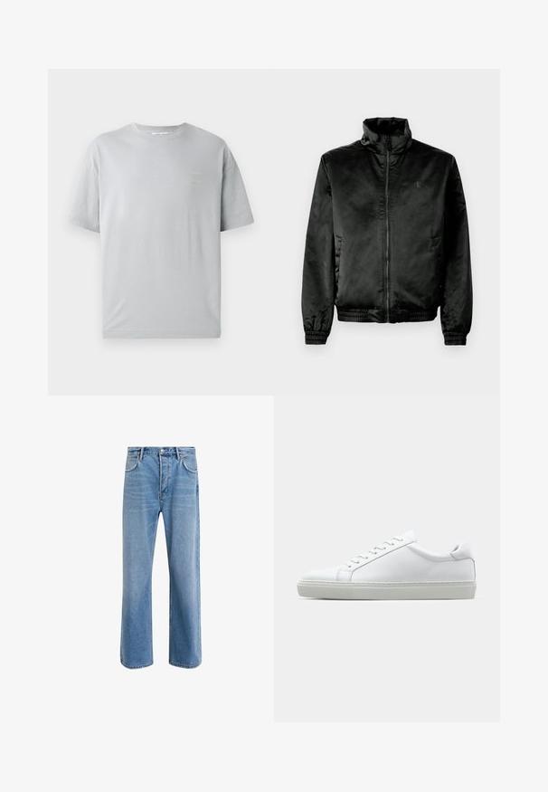 Schwarze Bomberjacke aus glattem, glänzendem Stoff mit hohem Kragen, Reißverschluss vorne und elastischen Bündchen und Saum. Minimale Markenkennzeichnung auf der Brust.; Graues Baumwoll-T-Shirt mit entspannter Passform, kurzen Ärmeln und einem kleinen gelben Textdetail auf der Vorderseite. Weiche Textur und klassischer Rundhalsausschnitt.; Helle blaue Jeans im Geradeschnitt-Design, mit fünf Taschen, Knopfverschluss, minimaler Ausbleichung und kontrastierenden Nähdetails.; Weißer Sneaker mit glattem Lederobermaterial und niedrigem Profil. Verfügt über eine runde Zehenpartie, sechs Ösen und eine strukturierte Gummisohle.