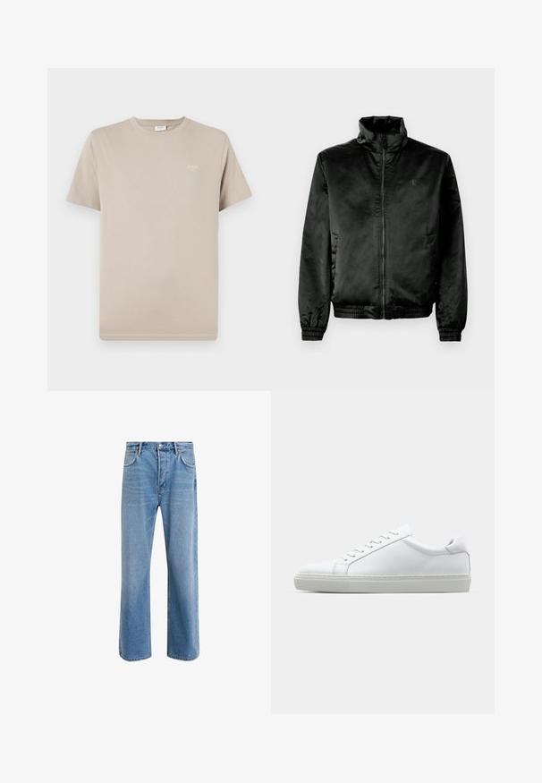 Melnā bumbieru jaka, izgatavota no gludas, spīdīgas auduma, ar augstu apkakli, rāvējslēdzēju priekšpusē un elastīgiem aproces un apakšmalu. Minimāla zīmola identifikācija uz krūts.; Īsām piedurknēm gaisa krāsas T-krekls, kas izgatavots no kokvilnas. Ar apaļu kakla izgriezumu un mazu logotipu drukātu augšējā kreisajā stūrī. Gluda tekstūra.; Gai zilas džinsu bikses ar taisnām kājām, piecām kabatām, pogu aizvēršanu, minimālu izbalēšanu un kontrastējošiem šuvju elementiem.; Baltie sporta apavi ar gludu ādas virsu un zemu profilu. Iezīmējas ar noapaļotu purngalu, sešām acīm un teksturētu gumijas zoli.