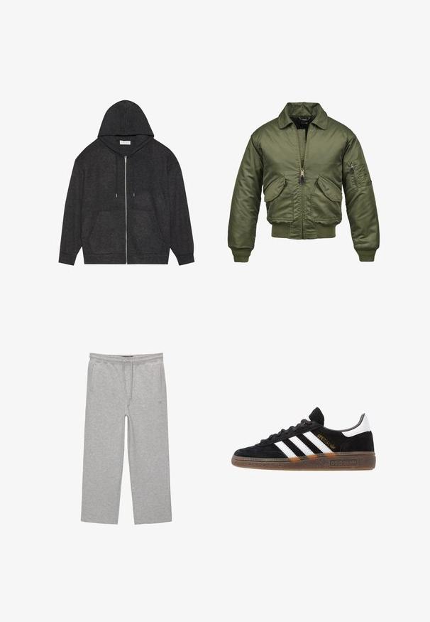 Maslinasto zeleni bomber jakna, nylon materijal, zatvaranje na zip, rebrasti manžeti i donji deo, dva prednja džepa i jedan džep s patchom na rukavu.; Grafitno siva zip-up dukserica s kapuljačom na vezanje, rebrastom teksturom i prednjim džepovima. Ima duge rukave i opušteni kroj.; Bijela kratkodlana majica s kratkim rukavima, izrađena od pamuka, s okruglim izrezom i opuštenim krojem. Gladak materijal, bez vidljivih uzoraka ili akcenta.; Sive cotton hlače za opuštanje s elastičnim pojasom, vezicom i dva bočna džepa; ravni kroj, mekana tekstura, bez uzoraka.; Crni Adidas tenisice s bijelim prugama, zlatnim natpisom "Spezial", gumeni potplat i bijeli oznaka na peti, prikazane u bočnom pogledu.