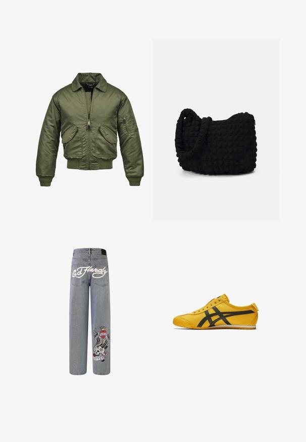Olivgrüne Bomberjacke aus Nylonmaterial, mit Reißverschluss, gerippten Bündchen und Saum, zwei Fronttaschen und einer aufgesetzten Tasche am Ärmel.; Schwarzer Kapuzenpullover aus weichem Stoff, mit einer Fronttasche, gerippten Bündchen und einem lässigen Schnitt.; Helle blaue Denim-Jeans mit weitem Bein, auf denen "Ed Hardy" in Weiß gestickt ist, sowie einem bunten Grafikdesign eines Schädels mit Flügeln.; Gelbes Leinenschuh mit schwarzen Akzentstreifen, runder Zehenform und niedrigem Profil. Verfügt über sechs Ösen, strukturierten Stoff und eine Gummisohle.; Schwarze Stofftasche mit einer strukturierten, gesteppten Oberfläche. Abgerundete Form, kurze, dicke Griffe und eine weiche, flexible Struktur.