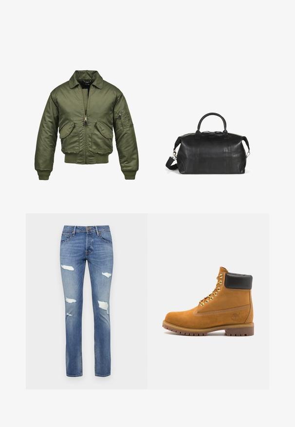 Chaqueta bomber verde oliva, material de nailon, cierre con cremallera, puños y dobladillo acanalados, dos bolsillos frontales y un bolsillo de parche en la manga.; Sudadera ligera gris claro hecha de una suave mezcla de algodón. Cuenta con un bolsillo tipo canguro, puños acanalados y una capucha con cordón con un diseño minimalista.; Jeans de mezclilla azul con un acabado ligeramente deslavado, con múltiples desgarros y diseño de pierna recta. Cierre de botón en la cintura.; Botín de ante marrón claro con collar acolchado negro, ojales de metal dorado, detalles de costura blanca y suela de goma resistente con tacos pronunciados.; Bolsa de viaje de cuero negro con asas redondeadas, una correa de hombro desmontable y detalles de costura sutiles. Textura suave y diseño práctico.