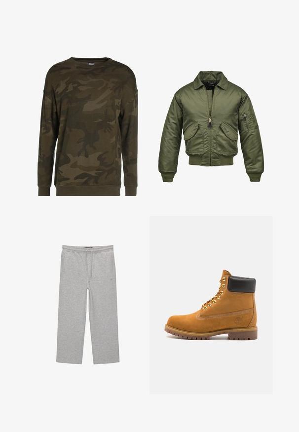 Giubbotto bomber verde oliva, in nylon, con chiusura a zip, polsini e orlo a costine, due tasche frontali e una tasca a toppa sulla manica.; Maglione verde mimetico con maniche lunghe, scollo rotondo e polsini a costine. Realizzato in tessuto morbido con vari motivi verdi e marroni.; Pantaloni lounge grigi in cotone con cintura elastica, cordoncino e due tasche laterali; design a gamba dritta, morbida al tatto, senza motivi.; Stivale alla caviglia in suede tan con collare imbottito nero, occhielli in metallo dorato, dettagli in cucitura bianca e suola in gomma robusta con battistrada pronunciato.