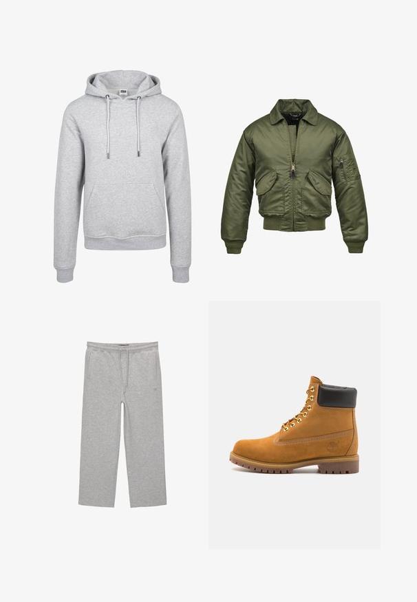 Olivovozelená bomber bunda, nylónový materiál, zips, pružné manžety a spodný lem, dve predné vrecká a nášivkové vrecko na rukáve.; Šedá mikina s kapucňou a klokánkovou vreckom, elastickými manžetami, sťahovacími šnúrkami a jemnou, textúrovanou tkaninou. Neformálny dizajn vhodný na vrstvenie.; Šedé bavlnené nohavice na voľný čas s elastickým pásom, šnúrkou a dvomi bočnými vreckami; rovný strih nohavíc, jemná textúra, bez vzorov.; Tyrkysové semišové členkové topánky s čiernym polstrovaným golierom, zlatými kovovými očkami, bielym prešívaním a robustnou gumovou podrážkou s výraznými drážkami.