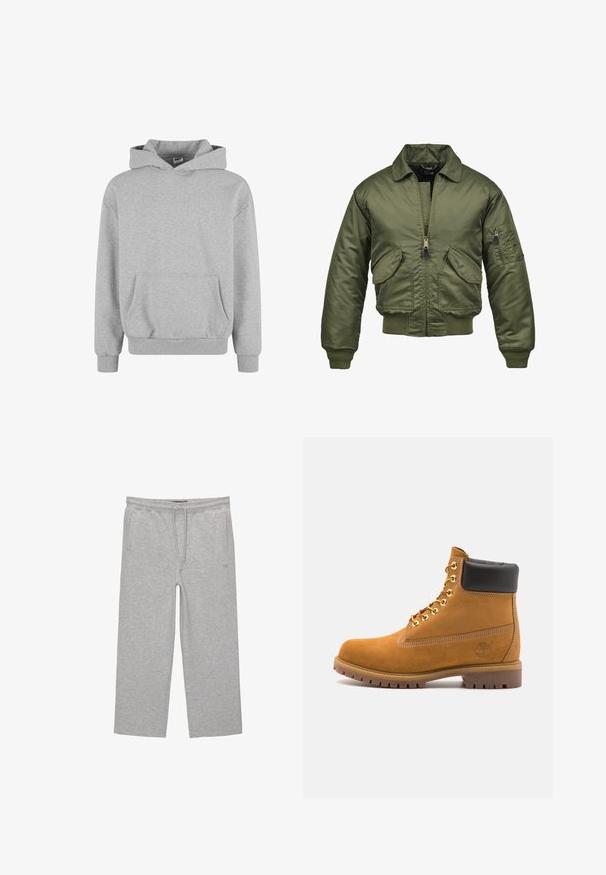 Béžová bombera ve olivové barvě, nylonový materiál, zipové zapínání, žebrované manžety a lem, dvě přední kapsy a náprsní kapsa na rukávu.; Šedá mikina s kapucí, dlouhými rukávy a přední kapsou. Vyrobena z měkké látky s pružnými manžetami a spodním lemem. Minimalistický design a univerzální styl.; Šedé bavlněné tepláky s elastickým pasem, šňůrkou na stažení a dvěma bočními kapsami; rovný střih, měkký povrch, bez vzoru.; Hnědé semišové kotníkové boty s černým polstrovaným límcem, zlatými kovovými očky, bílým prošíváním a odolnou gumovou podrážkou s výraznými drážkami.