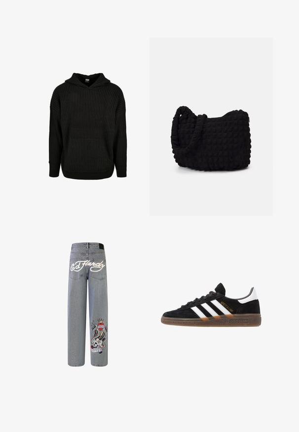 Béžová bombera ve olivové barvě, nylonový materiál, zipové zapínání, žebrované manžety a lem, dvě přední kapsy a náprsní kapsa na rukávu.; Černá pletená mikina s kapucí, má přední kapsu a šňůrku na stažení. Disponuje volným střihem a texturovaným vzorem na látce.; Světle modré džínové kalhoty širokého střihu s vyšívaným nápisem "Ed Hardy" bílou barvou a barevným grafickým designem lebky s křídly.; Černé tenisky Adidas se bílými pruhy, zlatým textem "Spezial", gumovou podešví a bílou patní částí, zobrazené v bočním pohledu.; Černá látková taška s texturovaným, prošívaným vzorem. Zaoblený tvar, krátké, silné uchy a měkká, flexibilní struktura.