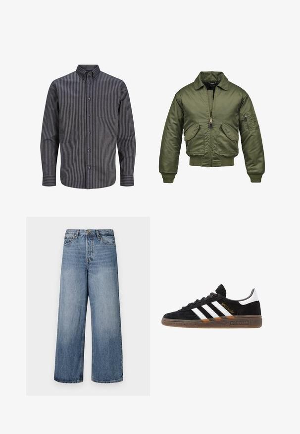 Béžová bombera ve olivové barvě, nylonový materiál, zipové zapínání, žebrované manžety a lem, dvě přední kapsy a náprsní kapsa na rukávu.; Jack & Jones PREMIUM JPRBLUBROOK OXFORD NOOS - Košile - brindle; Modré džínové kalhoty s širokým střihem, vybledlý wash, pět kapsových design a zapínání na knoflík. Vybavené poutky na opasek a prošívanými detaily.; Černé tenisky Adidas se bílými pruhy, zlatým textem "Spezial", gumovou podešví a bílou patní částí, zobrazené v bočním pohledu.