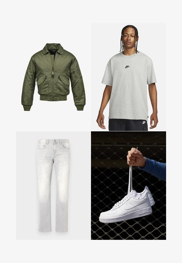 Olivovozelená bomber bunda, nylónový materiál, zips, pružné manžety a spodný lem, dve predné vrecká a nášivkové vrecko na rukáve.; Mladý človek s vrkôčikmi, oblečený v svetlošedé tričko Nike a čierne šortky Nike, na pozadí bielej steny.; Svetlosivé džíny z denimu so rovnom strihom, jemným vyblednutím, prednými vreckami a jedným zadným vreckom. Klasické zapínanie na gombík a zips.; Biele kožené tenisky s perforáciami, okrúhlou špičkou, plochou podrážkou a hrubými šnúrkami, pričom majú viditeľné logo swoosh a nápis "AIR" na päte.