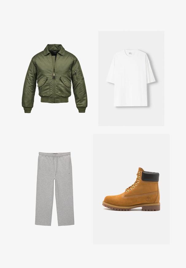 Olivengroene bomberjack, nylon materiaal, rits sluiting, ribgebreide manchetten en zoom, twee voorzakken en een patch pocket op de mouw.; Witte t-shirt met korte mouwen, gemaakt van katoen, met een ronde halslijn en een relaxte pasvorm. Gladde textuur, zonder zichtbare patronen of accenten.; Grijze katoenen loungebroeken met een elastische tailleband, trekkoord en twee zijzakken; rechte pijpen, zachte textuur, zonder patronen.; Tan suède enkelboot met zwart gevoerd kraagje, gouden metalen oogjes, witte stikdetails en een robuuste rubberen zool met uitgesproken profiel.