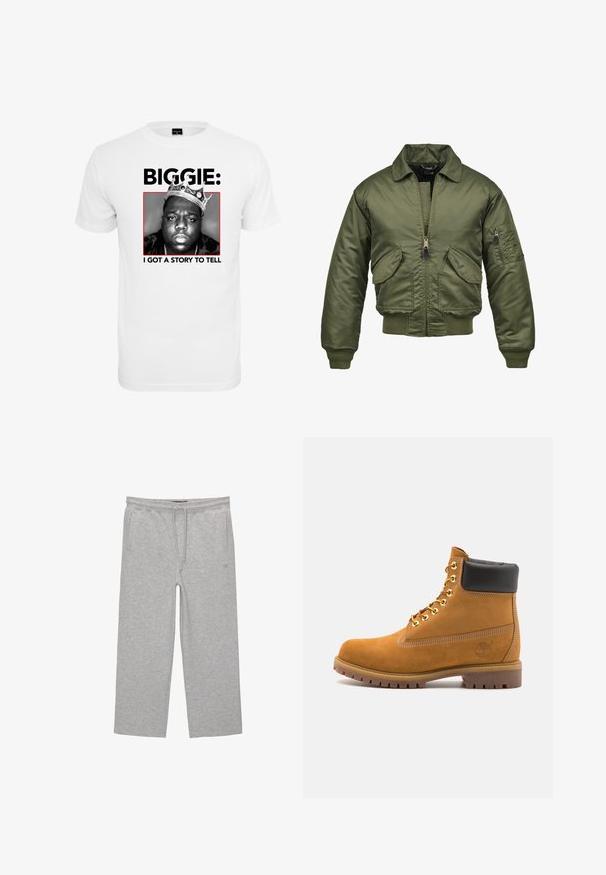 Olíva zöld bomber dzseki, nylonszövetből készült, cipzáros záródás, bordás mandzsetták és alsó szegély, két elülső zseb, valamint egy folt zseb a tenyéren.; Fehér pamut póló, fekete-fehér grafikával, ami egy koronát viselő férfit ábrázol, alatta pedig vastag fekete betűkkel a "BIGGIE:" és "TÖRTÉNETEM VAN" felirattal.; Szürke pamut loungewear nadrág elasztikus derékkal, zsinórral és két oldalsó zsebbel; egyenes lábú kialakítás, puha textúra, minta nélkül.; Barna velúr bokacipő fekete párnázott gallérral, arany fém fűzőlyukakkal, fehér varrási részletekkel és durva gumitalppal, amelynek kifejezett barázdái vannak.