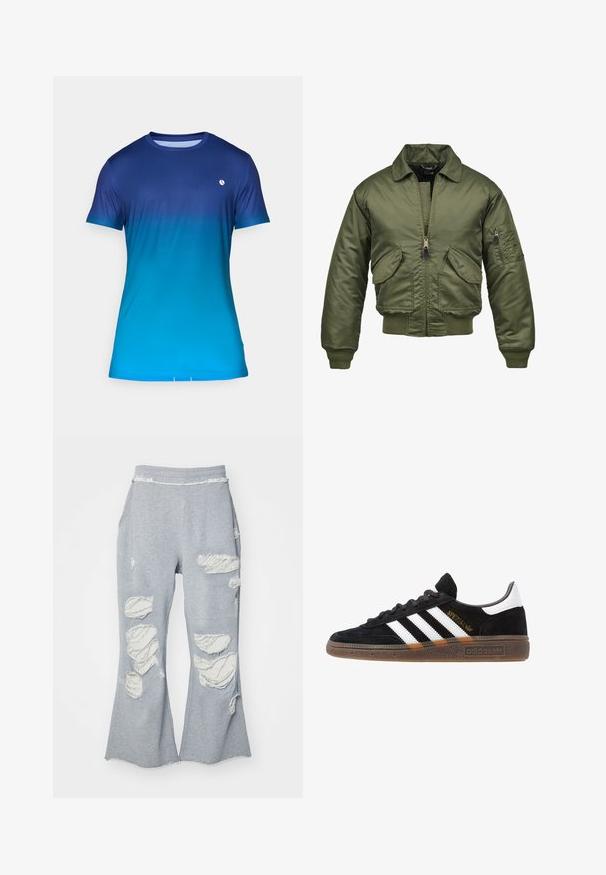 Olive green bomber jacket, nylon material, zip closure, ribbed cuffs and hem, two front pockets, and a patch pocket on the sleeve.; Blue gradient short-sleeve t-shirt, featuring a smooth texture, round neckline, and a small logo on the chest.; Gray sweatpants with a flared leg design, featuring multiple distressed patches exposing lighter fabric. Elastic waistband for comfort.; Black Adidas sneaker with white stripes, gold "Spezial" text, gum sole, and white heel tab, shown in profile view.