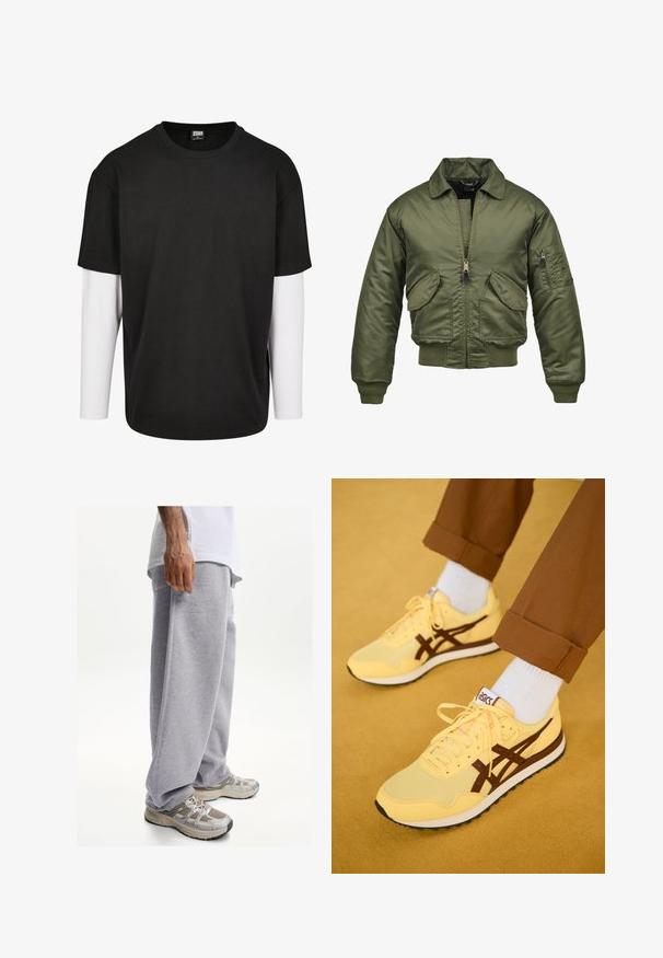 Oliivinvihreä pommitakki, nyloniaineinen, vetoketjukiinnitys, ribattuja hihoja ja helmaa, kaksi etutaskua ja päällystasku hihassa.; Mustat lyhyet hiharat t-paita, jossa valkoinen pitkähihainen kerros alla. Valmistettu puuvillasta, jossa on pyöreä kaula-aukko ja rento istuvuus.; Harmaat säärystimet, jotka on valmistettu pehmeästä kankaasta, löysä sovitus ja elastinen vyötärö. Yhdistetty beigen ja harmaan urheilukengät.; Keltaiset urheilukengät, joissa on ruskeita yksityiskohtia, verkkokangasta ja muuta kangasta, jossa on nauhakiinnitys edessä ja kumipohja, yhdistettynä valkoisiin sukkiin.