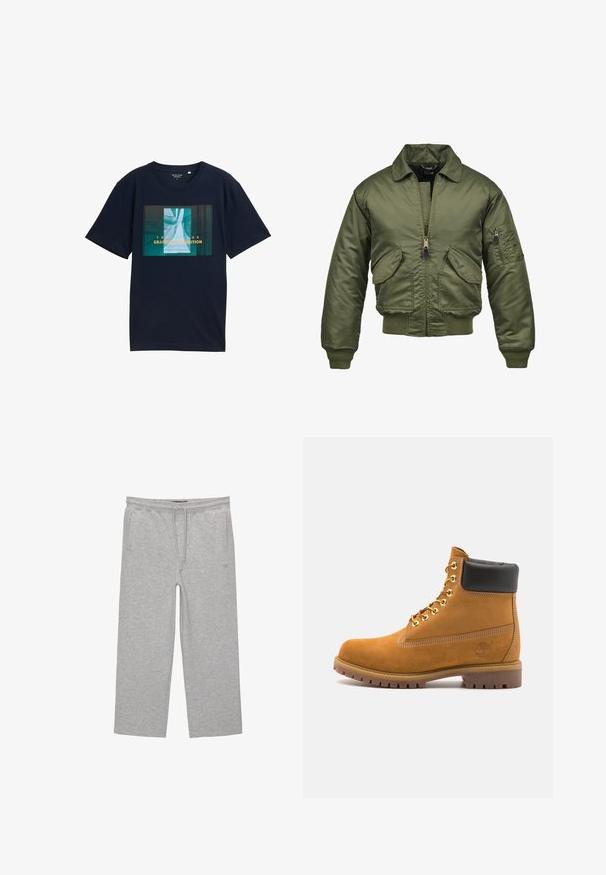 Olivovozelená bomber bunda, nylónový materiál, zips, pružné manžety a spodný lem, dve predné vrecká a nášivkové vrecko na rukáve.; Tyrkysové tričko s krátkym rukávom z bavlny; má obdĺžnikový grafický potlač v zelených a modrých odtieňoch so žltým textom.; Šedé bavlnené nohavice na voľný čas s elastickým pásom, šnúrkou a dvomi bočnými vreckami; rovný strih nohavíc, jemná textúra, bez vzorov.; Tyrkysové semišové členkové topánky s čiernym polstrovaným golierom, zlatými kovovými očkami, bielym prešívaním a robustnou gumovou podrážkou s výraznými drážkami.