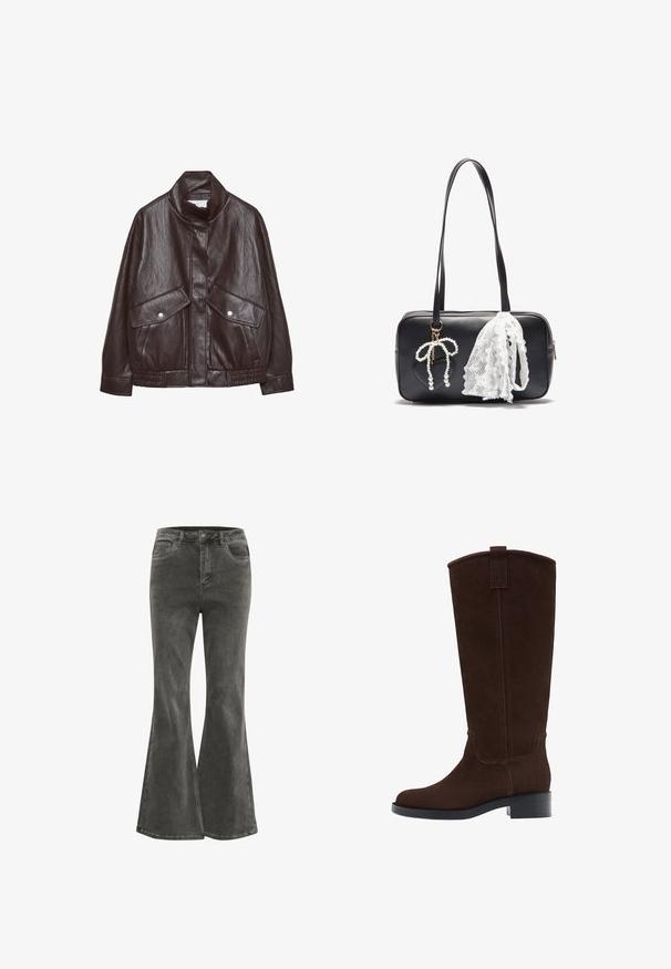 Brun læderjakke med højt krave, to store forlommer, trykknapdetaljer og elastisk talje. Tekstureret, mat finish.; Oliven grøn langærmet pullovertrøje med ribbet høj hals, manchetter og kant, vist fladt på en hvid baggrund.; Kaffe KASINEM - Flared jeans - medium grey denim; Brune ruskind over knæ støvler med en rund tå, diskrete syninger og en lav blokhæl; har en pull tab øverst for nem på- og aftagning.; Even&Odd Håndtasker - black