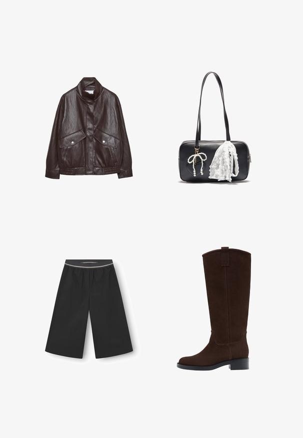 Veste en cuir marron avec un col haut, deux grandes poches avant, des accents de boutons-pression et une taille élastiquée. Fini texturé et mat.; Pull-over en olive à manches longues avec col marin, poignets et ourlet côtelés, présenté à plat sur un fond blanc.; Pantalons larges noirs en tissu léger. Dotés d'une taille élastique avec une subtile bande décorative. Texture lisse, sans poches.; Bottes en suède marron, hautes jusqu'au genou, avec un bout rond, des coutures discrètes et un petit talon carré ; elles sont dotées d'une lanière à l'arrière pour faciliter l'enfilage.; Even&Odd Sac à main - black