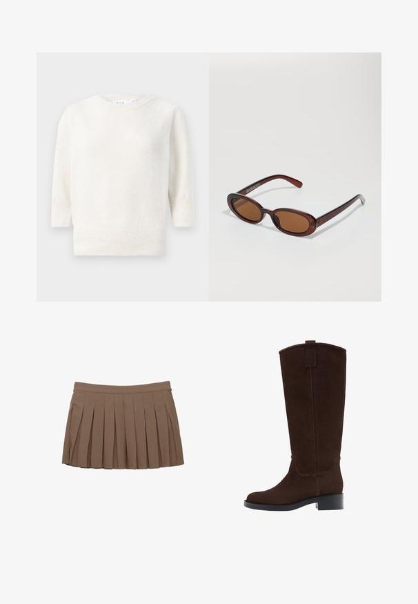 Hnedá kožená bunda s vysokým golierom, dvoma veľkými prednými vreckami, pričom má cvokové detaily a elastický pás. Textúrovaný, matný povrch.; Biely pletený sveter s okrúhlym výstrihom, stredne dlhými rukávmi a rebrovaným lemom. Mäkkučká textúra, ľahký materiál a žiadne viditeľné vzory.; Hnedá plisovaná mini sukňa s pásom a jemným detailom loga na bočnej strane na bielom pozadí.; Hnedé semišové čižmy po kolená s okrúhlou špičkou, jemným prešívaním a nízkym blokovým podpätkom; majú pútko na hornom okraji pre jednoduché obúvanie.; Okrúhle slnečné okuliare s hnedým nádychom a lesklým burgundským rámom. Úzke ramená s jemným brandovaním. Plochej šošovky dizajn.; Hnedá tkaná kožená kabelka s voľným, trojuholníkovým tvarom. Má opletenú rúčku a zips na vrchu.