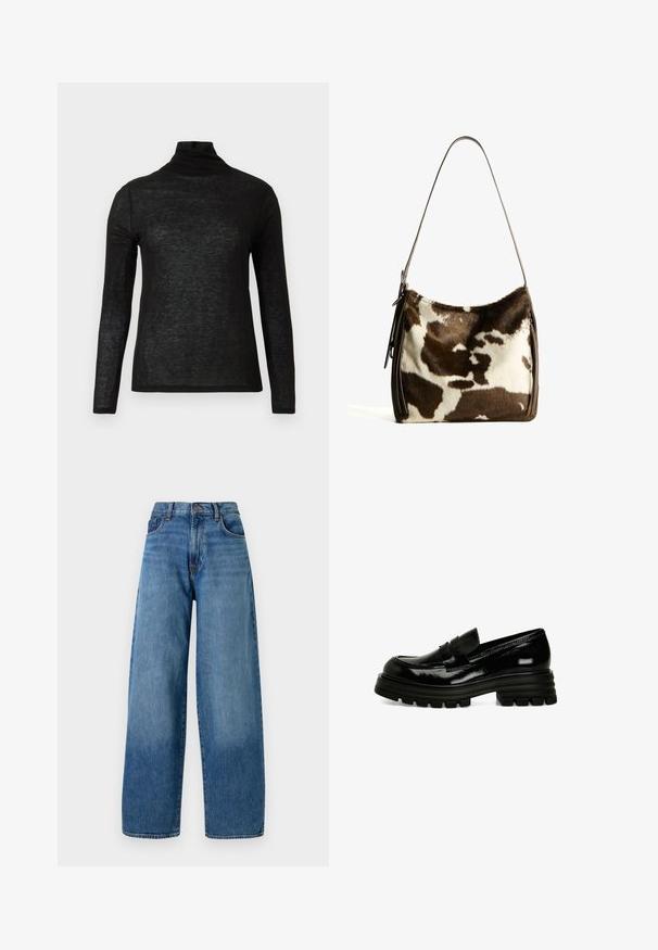 Braune Lederjacke mit hohem Kragen, zwei großen Fronttaschen, Druckknopf-Details und elastischem Bund. Strukturierte, matte Oberfläche.; Schwarzes Langarm-T-Shirt mit semi-transparentem Stehkragen, schmal geschnitten und schlicht gestaltet auf weißem Hintergrund.; Weite blaue Denim-Jeans mit klassischem Fünf-Taschen-Design. Mit Knopfverschluss und leichter Ausbleichung für eine angenehme Textur.; Schwarze Lackleder-Slipper mit einer dicke Gummisohle, glatter Textur und einem kleinen Riemen-Detail an der Vorderseite. Besitzt ein niedriges Profil-Design.; Braune und cremefarbene Kuhhaut-Umhängetasche mit einem glatten Ledertrageriemen, Reißverschluss und einer weichen, strukturierten Oberfläche mit einem natürlichen Muster.