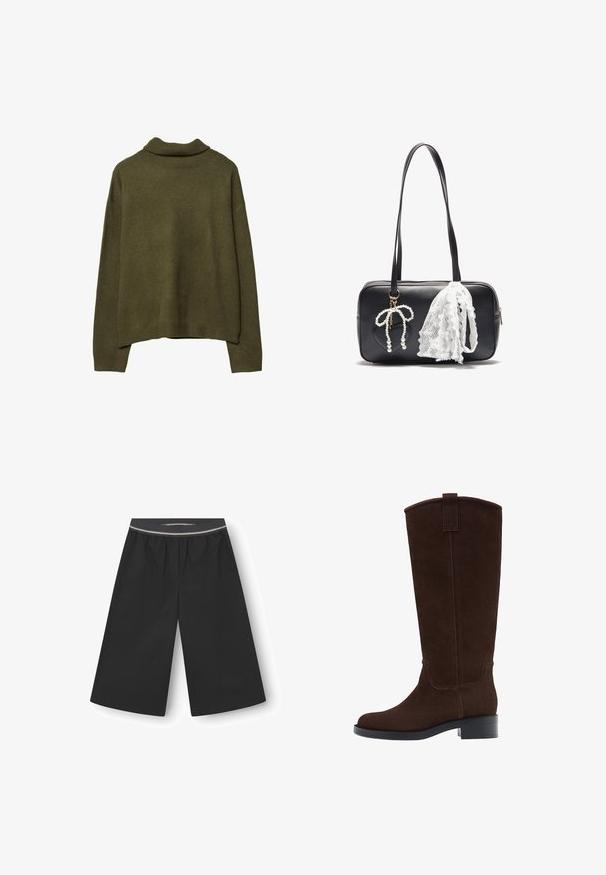 Braune Lederjacke mit hohem Kragen, zwei großen Fronttaschen, Druckknopf-Details und elastischem Bund. Strukturierte, matte Oberfläche.; Olivengrüner Pullover mit langen Ärmeln und geripptem Stehkragen, Bündchen und Saum, flach auf einem weißen Hintergrund präsentiert.; Schwarze weite Hosen aus leichtem Stoff. Mit einem elastischen Bund und einem dezenten dekorativen Streifen. Glatte Textur, ohne Taschen.; Braune Wildleder-Stiefel bis zum Knie mit runder Fußspitze, dezenten Nähten und einem niedrigen Blockabsatz; verfügen über eine Zuglasche oben für einfaches Anziehen.; Even&Odd Handtasche - black