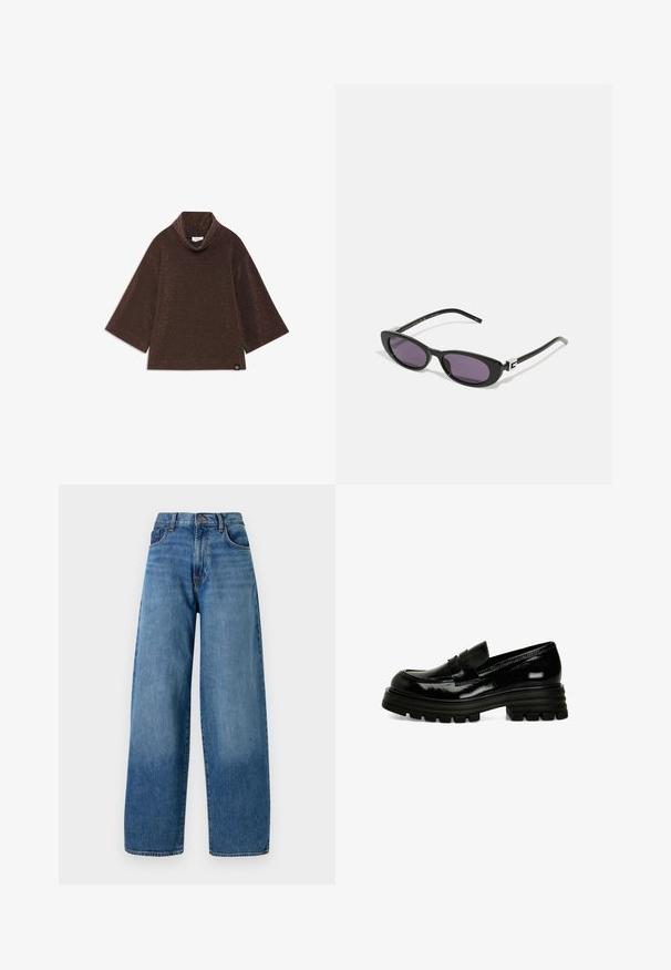 Ruskea nahkatakki, jossa on korkea kaulus, kaksi suurta etutaskua, nepparikoristeita ja elastinen vyötärö. Raskas, mattapintainen viimeistely.; Pronssi, hohtava neulottu toppi, jossa on kauluksen muotoinen kaula-aukko ja leveät kolmonen hihan mittaiset hihat. Hinta- / valmistustunniste sijaitsee vasemmassa alakulmassa.; Löysät siniset farkut, joissa on klassinen viiden taskun muotoilu. Varustettu napin suljennalla ja kevyellä haalistumisella rakenteen vuoksi.; Musta patenttinen nahka loaferit paksulla kumipohjalla, sileällä pinnalla ja pienellä etuvaljastekniikalla. Ominaisuuksiin kuuluu matala profiili.; Gucci Aurinkolasit - black/grey; Ruskea ja kerma cowhide-olkalaukku, jossa on sileä nahkahihna, vetoketju ja pehmeä, teksturoitu pinta, jossa on luonnollinen kuvio.