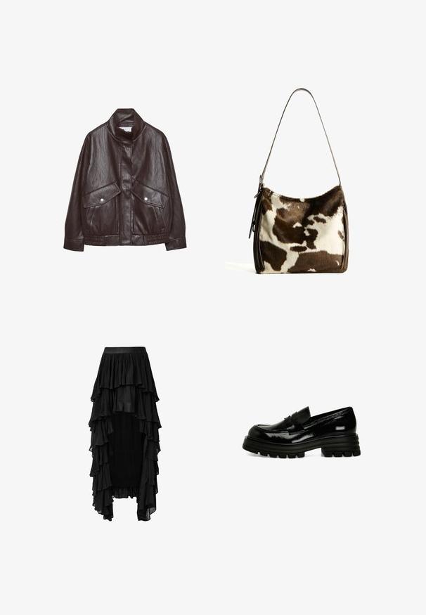 Rjava usnjena jakna z visokim ovratnikom, dvema velikima sprednjima žepoma, zaklepnimi gumbi in elastičnim pasom. Teksturujoča, mat končna obdelava.; Dve obične bele majice dolgih rokavov s krožnim izrezom, položené ena rahlo spredaj pred drugo, na beli podlagi.; Črna maksi krilo s tiered oblikovanjem, izdelano iz lahkega materiala, ki ima širok pas in asimetričen rob.; Črne lakirane usnjene loaferje s debelim gumijastim podplatom, gladko teksturo in majhnim sprednjim trakcem. Imajo nizkoprofilno zasnovo.; Rjav in krem torba iz kravjega usnja s gladkim usnjenim trakom, z zadrgo in mehko, strukturo površino, ki prikazuje naravni vzorec.