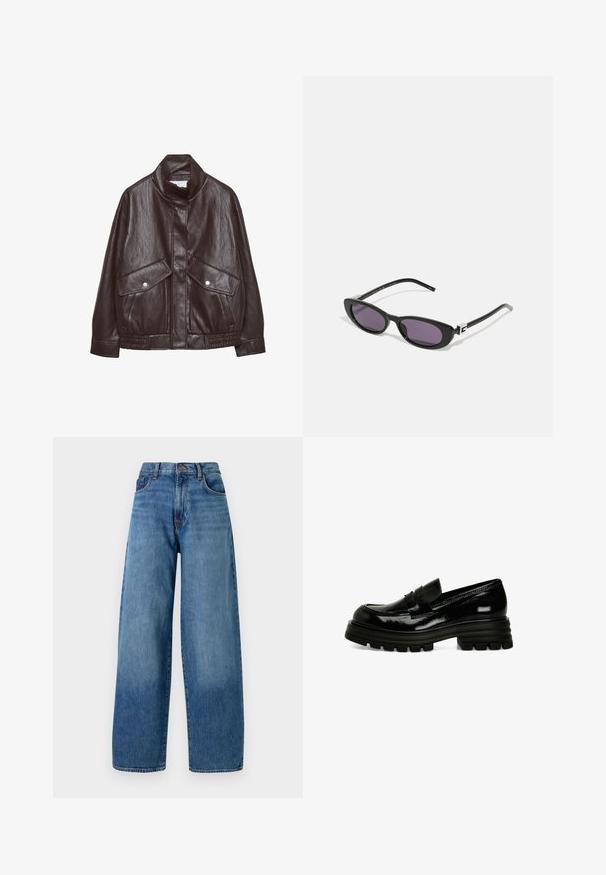 Giacca di pelle marrone con colletto alto, due grandi tasche frontali, elementi a bottone a pressione e vita elasticizzata. Finitura opaca e testurizzata.; Due magliette bianche a maniche lunghe con scollo rotondo, sovrapposte con una leggermente più avanti dell'altra su uno sfondo bianco.; Jeans di denim blu a gamba larga con un classico design a cinque tasche. Presentano una chiusura con bottone e una leggera scoloritura per texture.; Mocassini in vernice nera con suola in gomma spessa, texture liscia e un piccolo dettagli sul davanti. Presentano un design a profilo basso.; Gucci Occhiali da sole - black/grey; Borsa a spalla in pelle bovina marrone e crema con tracolla in pelle liscia, chiusura con zip e superficie morbida e testurizzata con un motivo naturale.
