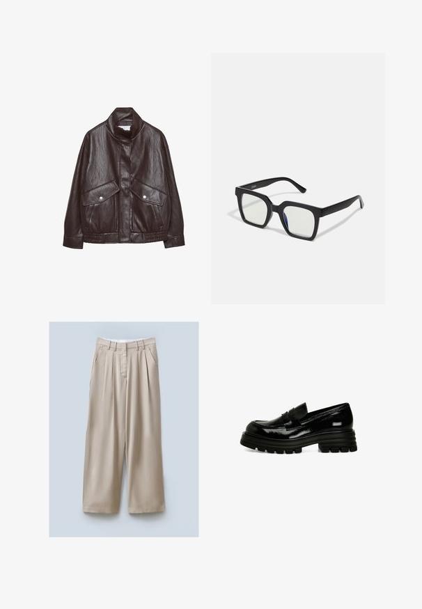 Hnedá kožená bunda s vysokým golierom, dvoma veľkými prednými vreckami, pričom má cvokové detaily a elastický pás. Textúrovaný, matný povrch.; Dve jednoduché biele tričká s dlhým rukávom a okrúhlym výstrihom, na sebe, jedno mierne pred druhým na bielom pozadí.; Béžové široké nohavice s textúrovaným povrchom, obsahujúce dve bočné vrecká, predné puky a pás pre bezpečné nosenie.; Čierne lakované kožené mokasíny s robustnou gumovou podrážkou, hladkým povrchom a malým predným prúžkom. Má nízkoprofilový dizajn.; Čierne slnečné okuliare s matným povrchom, so priehľadnými šošovkami a jemným modrým odtieňom na jednej strane. Robustný, uhlový dizajn.; Hnedo-krémová kravská koža cez plece s hladkým koženým remienkom, zipsovým uzáverom a mäkkým, textúrovaným povrchom s prírodným vzorom.