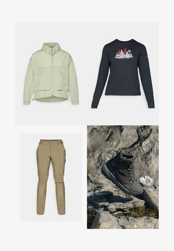 Jacheta de un verde deschis, ușoară, cu guler înalt, fermoar frontal, două buzunare laterale și tiv ajustabil. Textură netedă, cu o croială lejeră.; Cămașă cu mâneci lungi de culoare gri închis, cu un grafic de copaci roșii și munți; logo-ul "COLUMBIA" în text alb îngroșat. Material moale, guler standard de tip crew.; Pantaloni cargo bej, ușori și ajustabili, cu picioare detașabile cu fermoar, închidere cu nasture și buzunare laterale pentru utilitate. Material neted și elastomer.; Gheata de drumeție de culoare gri închis, realizată din material sintetic, având un guler căptușit, ochiuri metalice și o talpă din cauciuc texturat pentru aderență.