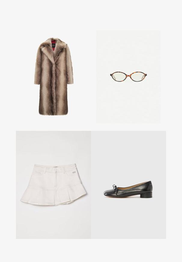 Cesare Gaspari Zimní kabát - brown; Světle šedá mikina s kulatým výstřihem a dlouhými rukávy, s žebrovanými manžetami a spodním lemem, vystavená na bílém pozadí.; Modrá pruhovaná košile s dlouhým rukávem, s knoflíkovou légou vpředu, klasickým límečkem a jedním náprsním kapsou. Lehká tkanina se volným střihem.; Bílá denimová sukně s úzkým pasem a rozšířeným skládáním na spodním lemu. Obsahuje přední kapsy a malou logickou dekoraci na pasu.; Černý baletní střevíc z kůže s kulatou špičkou, malou mašlí vpředu a nízkým blokovým podpatkem. Hladká textura a minimalistický design.; Želvovinové brýle s oválnými čočkami a hladkým, jemným povrchem. Má tenké bočnice s jemným zakřivením v chrámcích. Čiré čočky.