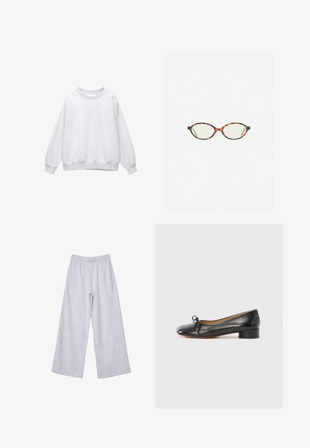 Cesare Gaspari Vinterkappa /-rock - brown; Ljusgrå sweatshirt med rund halsringning och långa ärmar, med ribbad mudd och nederkant, uppvisad liggande på vit bakgrund.; Blårandig långärmad skjorta med knappstängning fram, klassisk krage och en bröstficka. Lättviktsmaterial med avslappnad passform.; Ljust grå vida sweatpants med elastisk midja, tillverkade av mjukt stickat tyg, ligger platt på en vit bakgrund.; Svart läderballerina med rundad tå, liten rosett framtill och låg klack med blockform. Slät yta och minimalistisk design.; Sköldpaddsmönstrade glasögon med ovala linser och en elegant, slät yta. Har tunna sidor med en subtil kurva vid tinningarna. Klara linser.