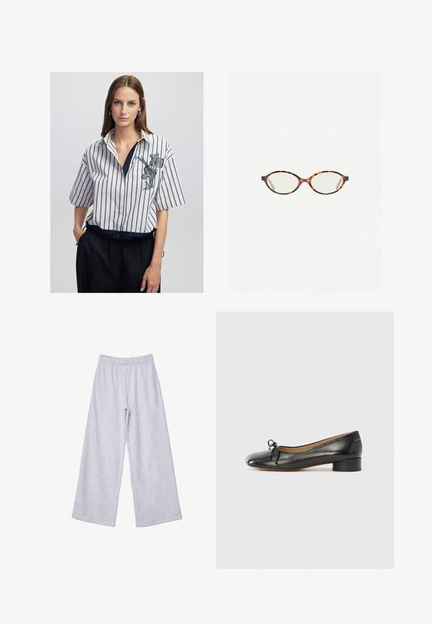 Cesare Gaspari Winter coat - brown; Woman with straight brown hair wears a white and blue vertical striped shirt with floral embroidery, tucked into black pants, standing with hand in pocket.; Light gray wide-leg sweatpants with elastic waistband, made from soft knit fabric, laid flat on a white background.; Black leather ballet flat with a rounded toe, small bow accent at the front, and a low block heel. Smooth texture and minimal design.; Tortoiseshell eyeglasses with oval lenses and a sleek, smooth finish. Features thin sides with a subtle curve at the temples. Clear lenses.