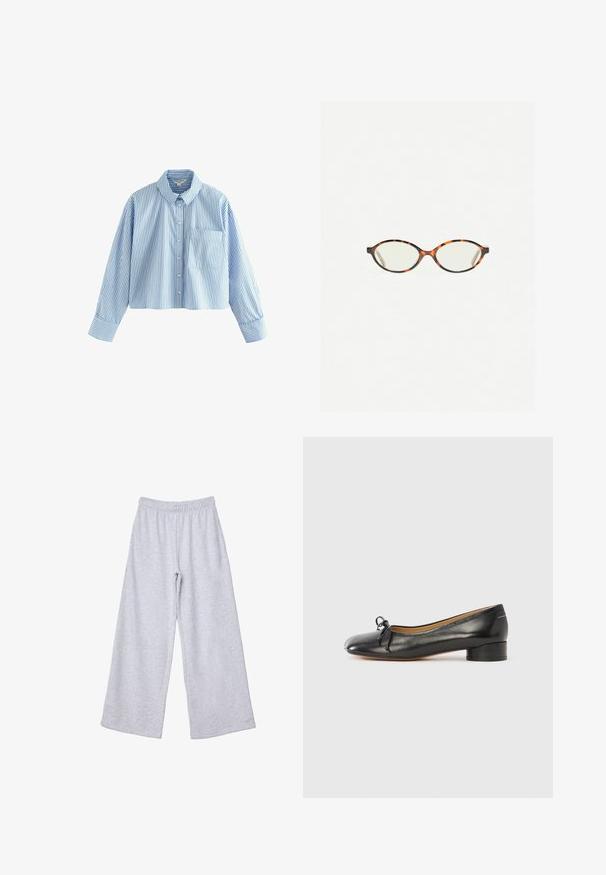 Cesare Gaspari Winter coat - brown; Cropped button-up shirt with long sleeves, made of blue and white striped fabric. Features a collar and a chest pocket on the left side.; Light gray wide-leg sweatpants with elastic waistband, made from soft knit fabric, laid flat on a white background.; Black leather ballet flat with a rounded toe, small bow accent at the front, and a low block heel. Smooth texture and minimal design.; Tortoiseshell eyeglasses with oval lenses and a sleek, smooth finish. Features thin sides with a subtle curve at the temples. Clear lenses.